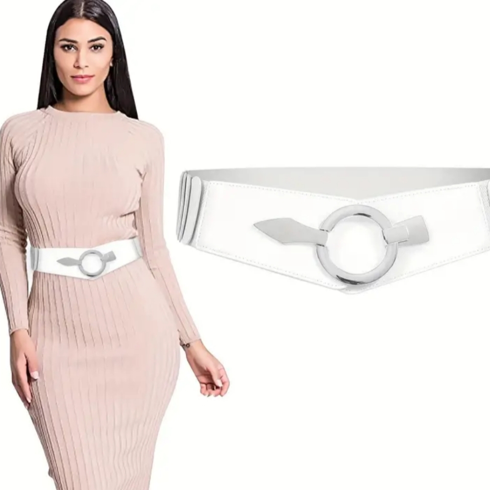 SUOSDEY Wide Elastic Belt Stretch Waist Belt with Easy Silver Buck White